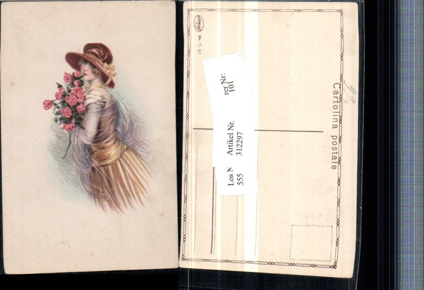 312297,Künstler AK Junge Frau m. Rosen Hut Glamour