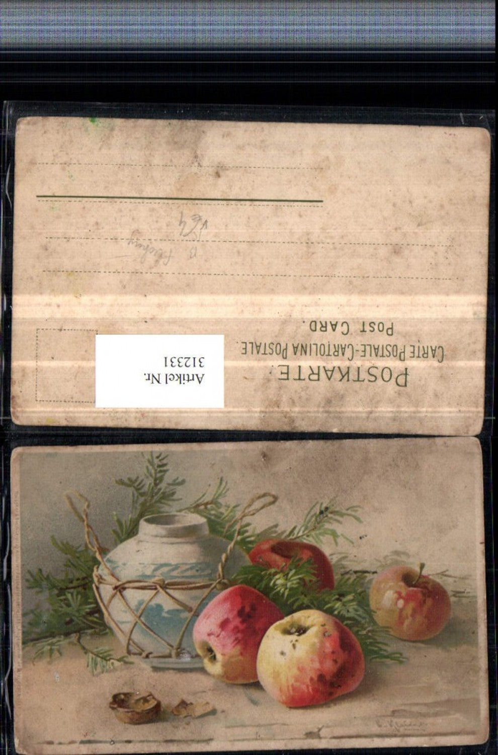 312331,Künstler AK Catharina Klein Stillleben Äpfel Nuss Vase Zweige