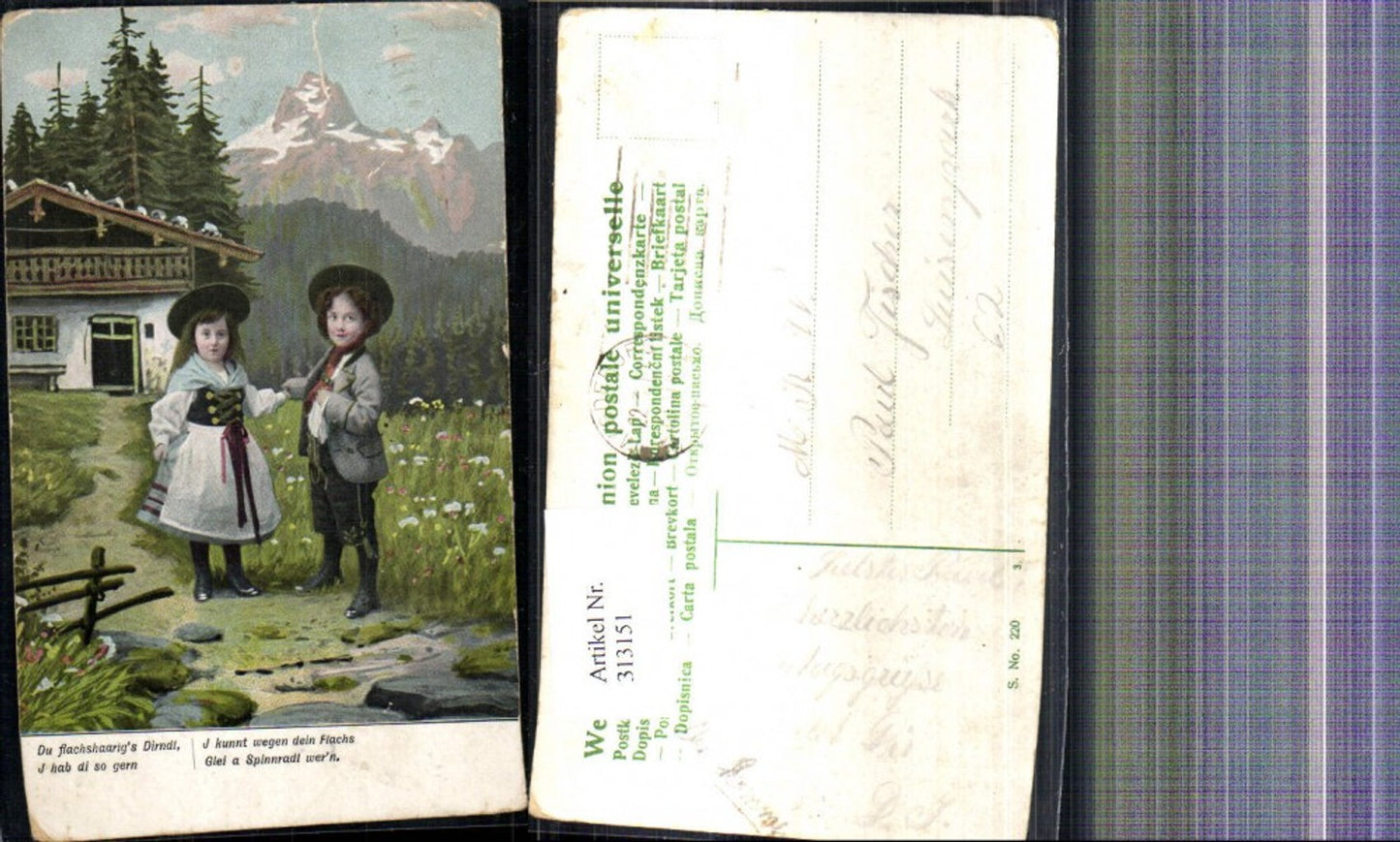 313151,Künstler Ak Kinder i. Tracht v. Bauernhaus Bergkulisse Spruch