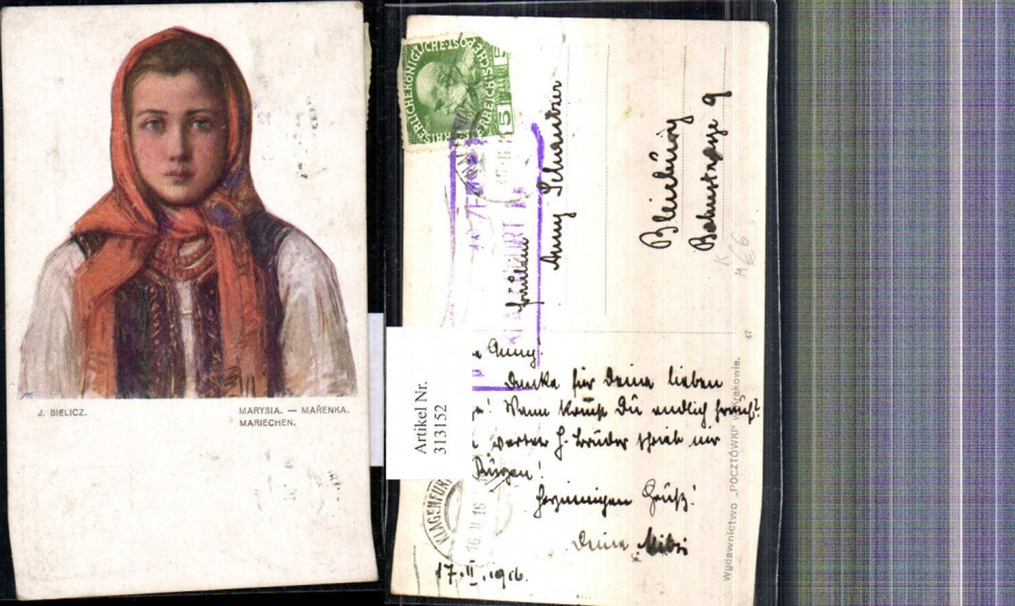 313152,Künstler Ak J. Bielicz Mariechen Kind Mädchen m. Kopftuch