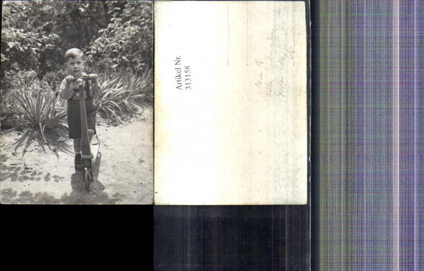 313158,Mini Foto Ak Kind Bub Junge i. Latzhose a. Roller Scooter Spielwarenhaus Gustav Eden Wien Währing