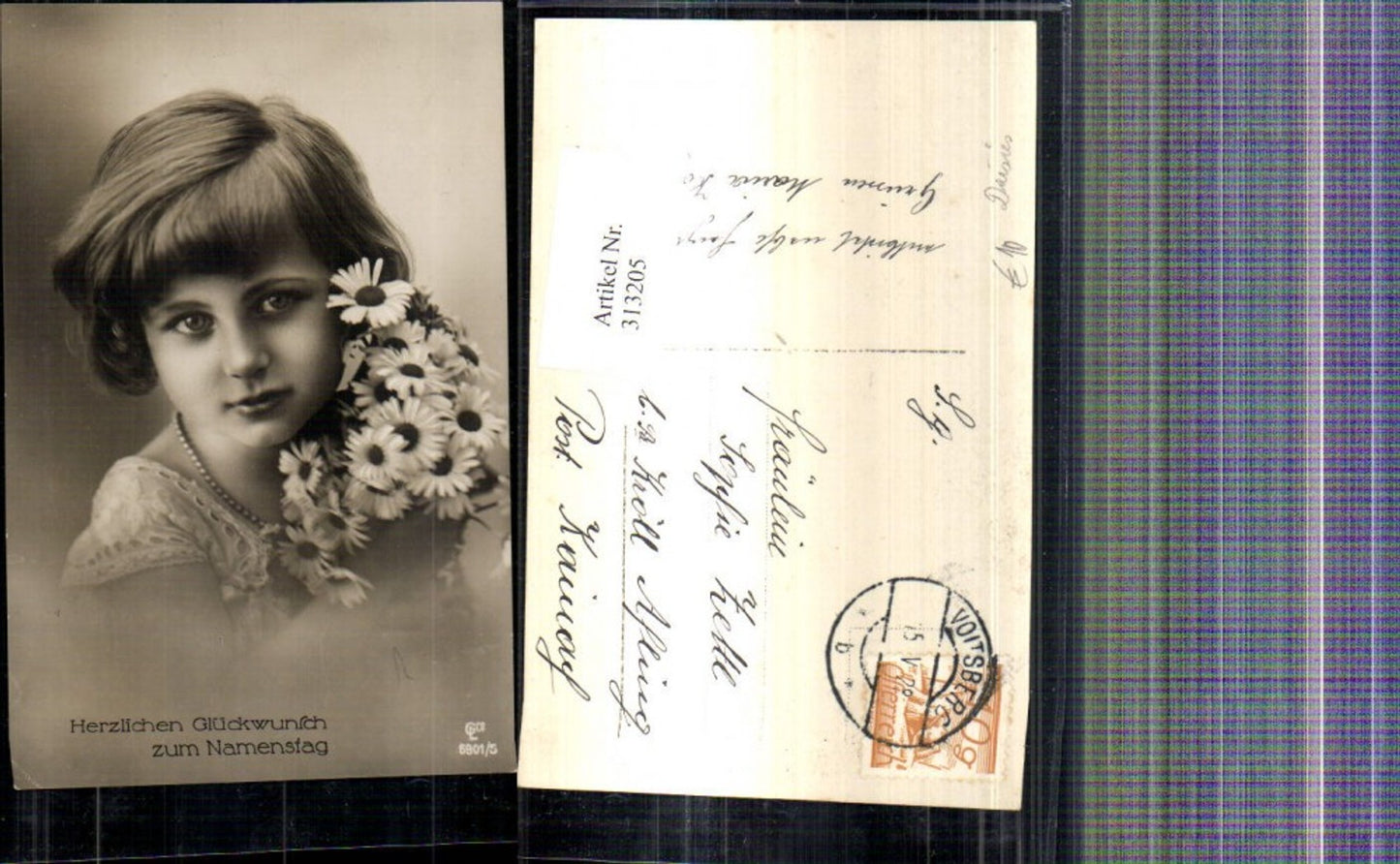 313205,Foto Ak Kind Mädchen Halskette Margeriten Blumen Strauß Daisies Namenstag
