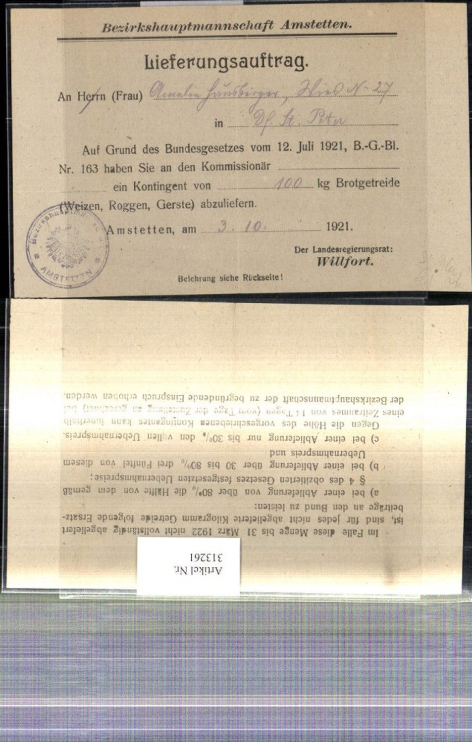 313261,Reklame Lieferungsauftrag St Peter i. d. Au BH Amstetten