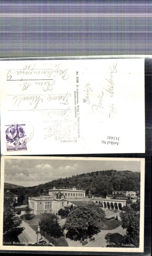 313441,Baden b. Wien Kur Casino Trinkhalle Stempel Wiener Internationale Messe 1952