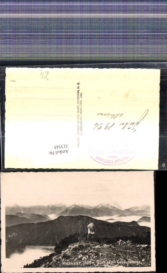 313545,Foto Ak Hochkar Blick geg. Gesäuseberge Wanderer m. Hund 1934 b. Göstling a. d. Ybbs Lassing