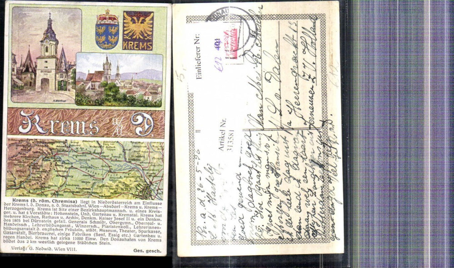 313581,Künstler Ak H. Werkner Krems Wappen Steinertor Ansicht Lagekarte Text