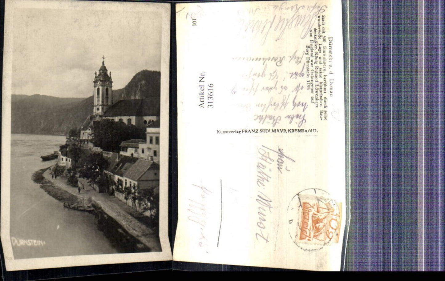 313616,Dürnstein a. d. Donau Ansicht Kirche Boot Schiffsanleger