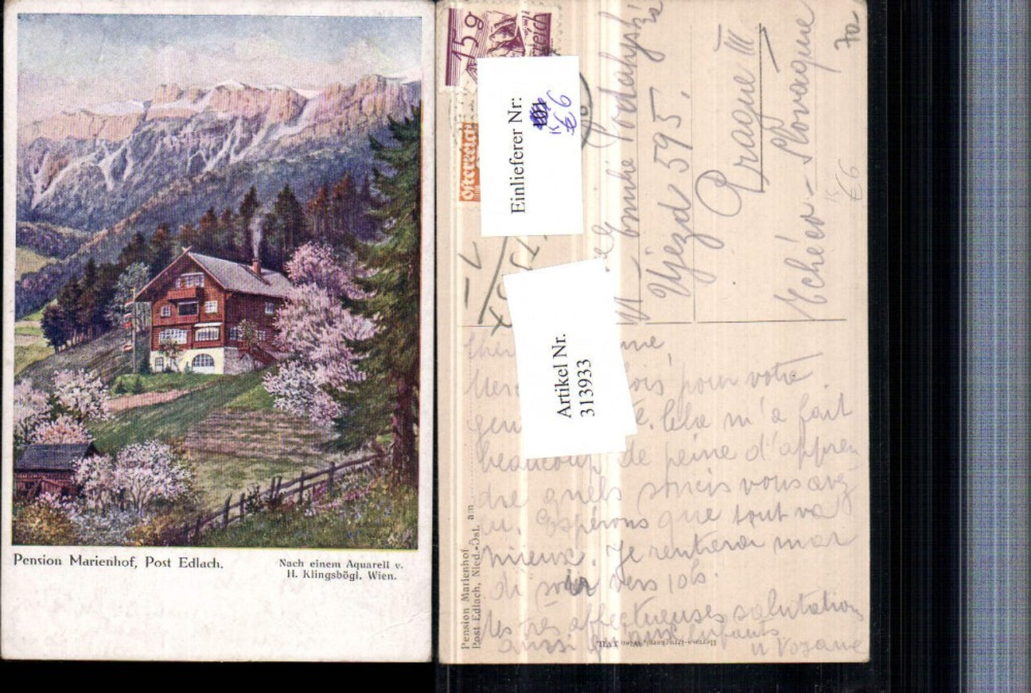 313933,Künstler AK H. Klingsbögl Pension Marienhof b. Edlach Bergkulisse