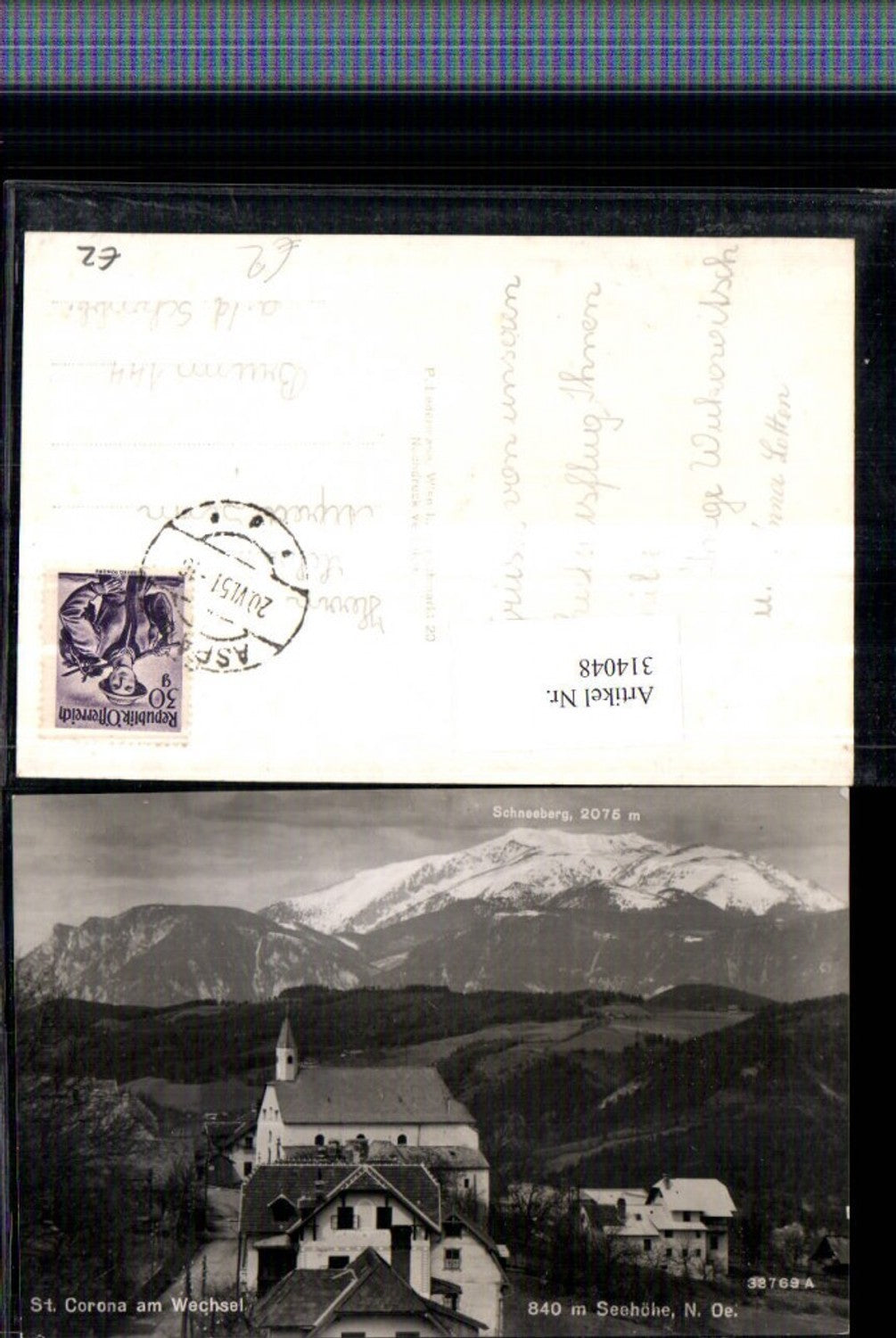 314048,St. Corona am Wechsel Teilansicht Kirche m. Schneeberg Bergkulisse