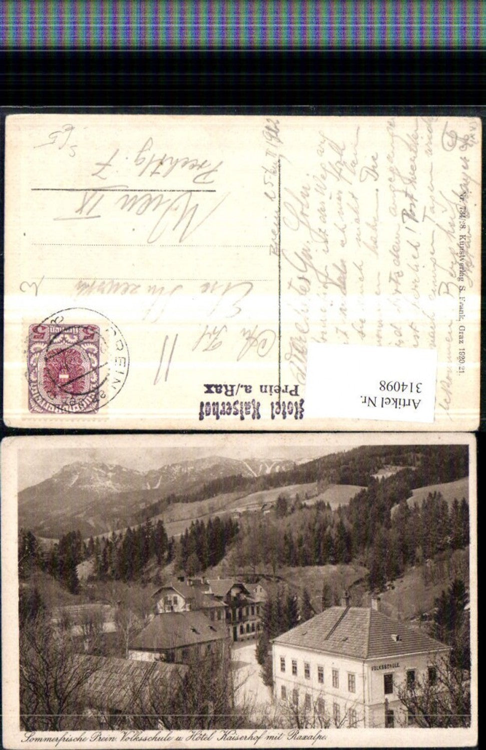 314098, Prein an der Rax, elementary school and Hotel Kaiserhof with Rax mountain backdrop, hotel stamp