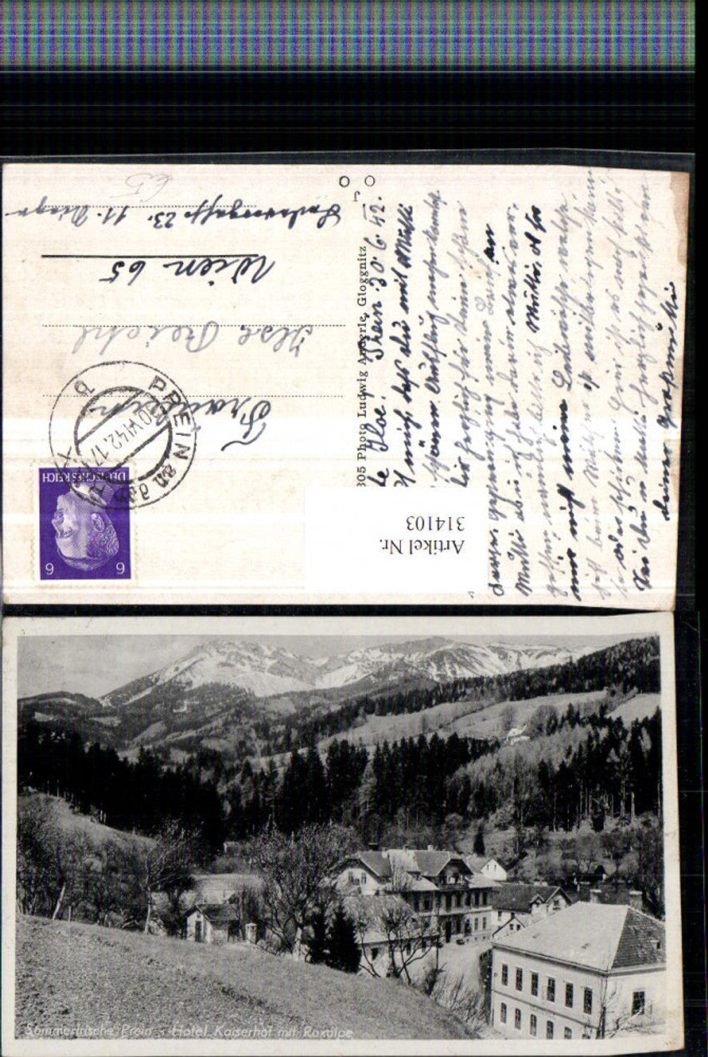 314103,Prein an d. Rax Volksschule u. Hotel Kaiserhof m. Rax Bergkulisse