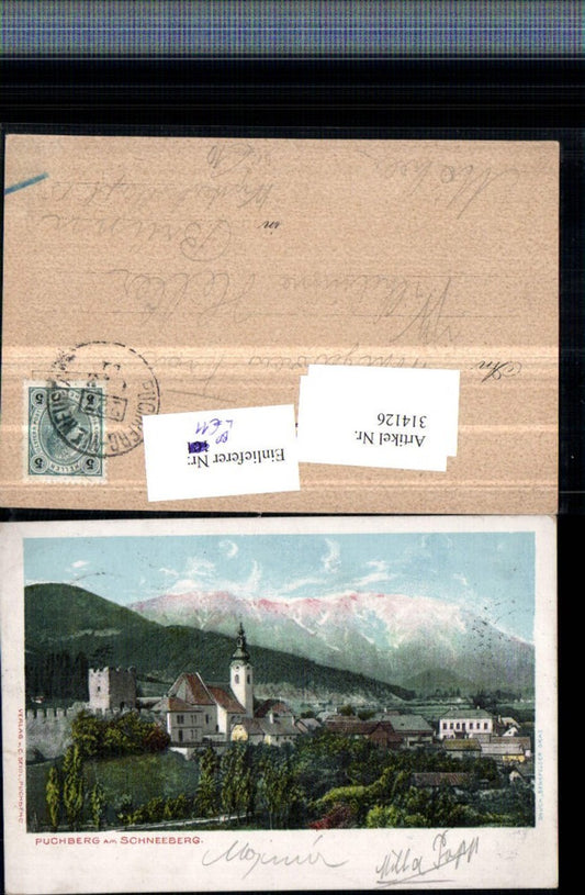 314126,Litho Puchberg am Schneeberg Teilansicht Kirche Bahnpost Zug 227