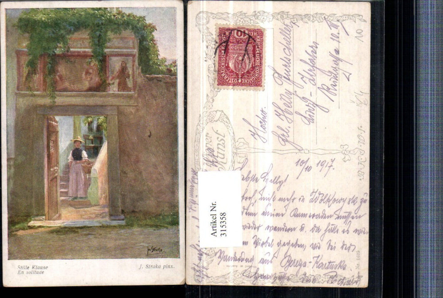 315358,Künstler AK J. Straka Stille Klause Frau m. Kleid Hut Korb Tür pub B.K.W.I. 1625