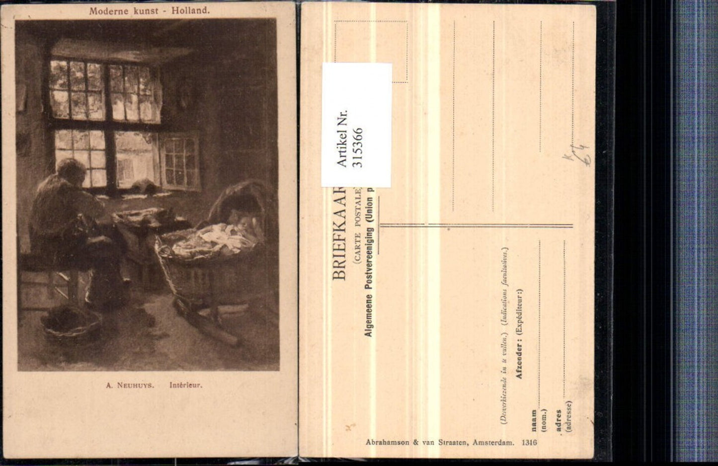 315366,Künstler AK A. Neuhuys Interieur Zimmer Innenansicht Mann Kind Wiege