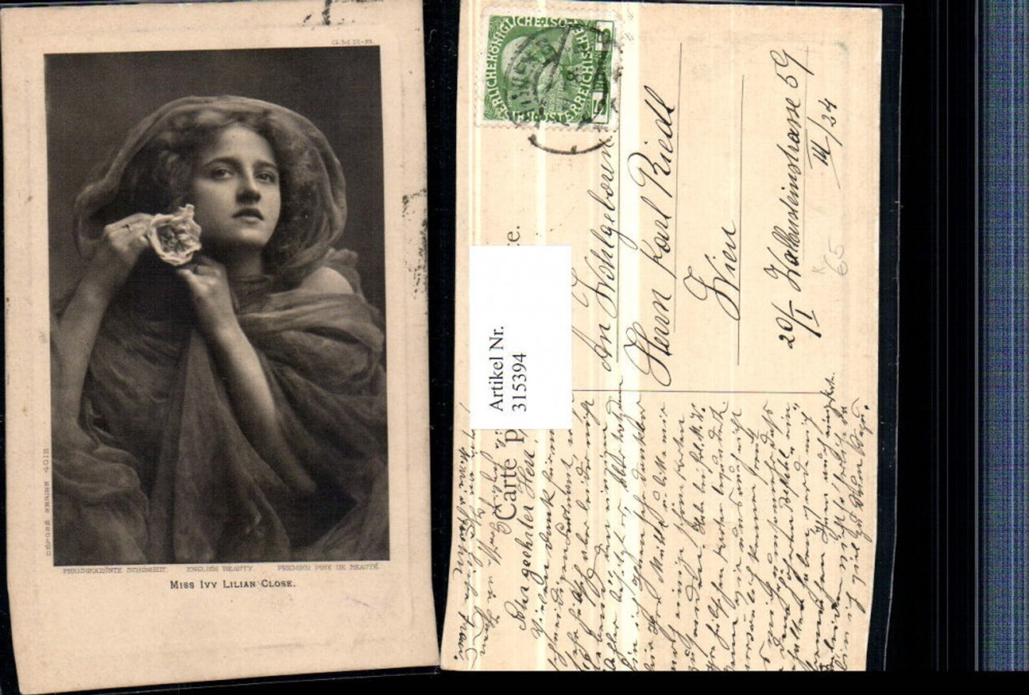 315394, Artist AK Miss Ivy Lilian Close Woman Cloth Flower Portrait Embosser Passepartout