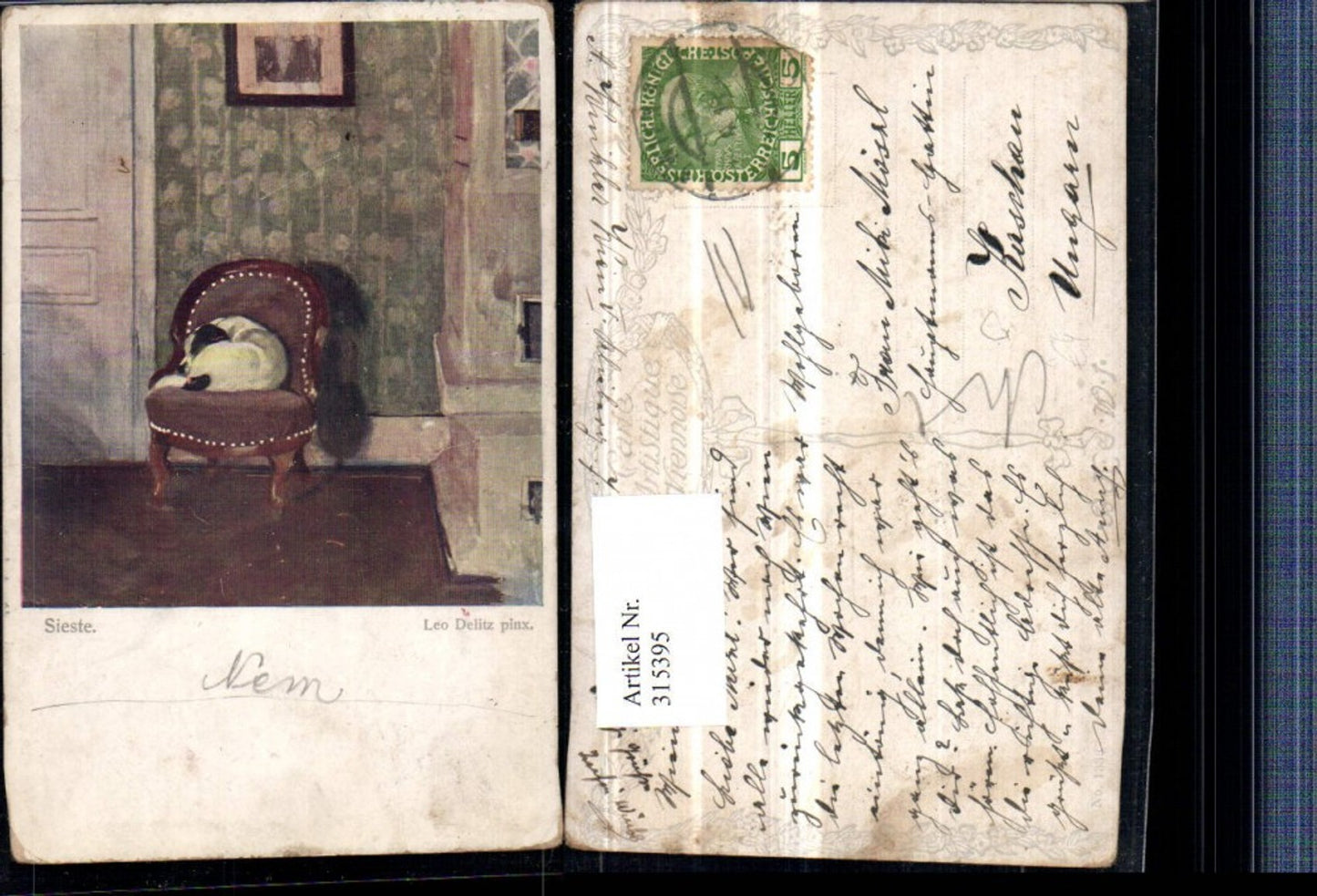 315395, Artist AK Leo Delitz Sieste Zimmer Dog sleeps on chair pub BKWI 1333