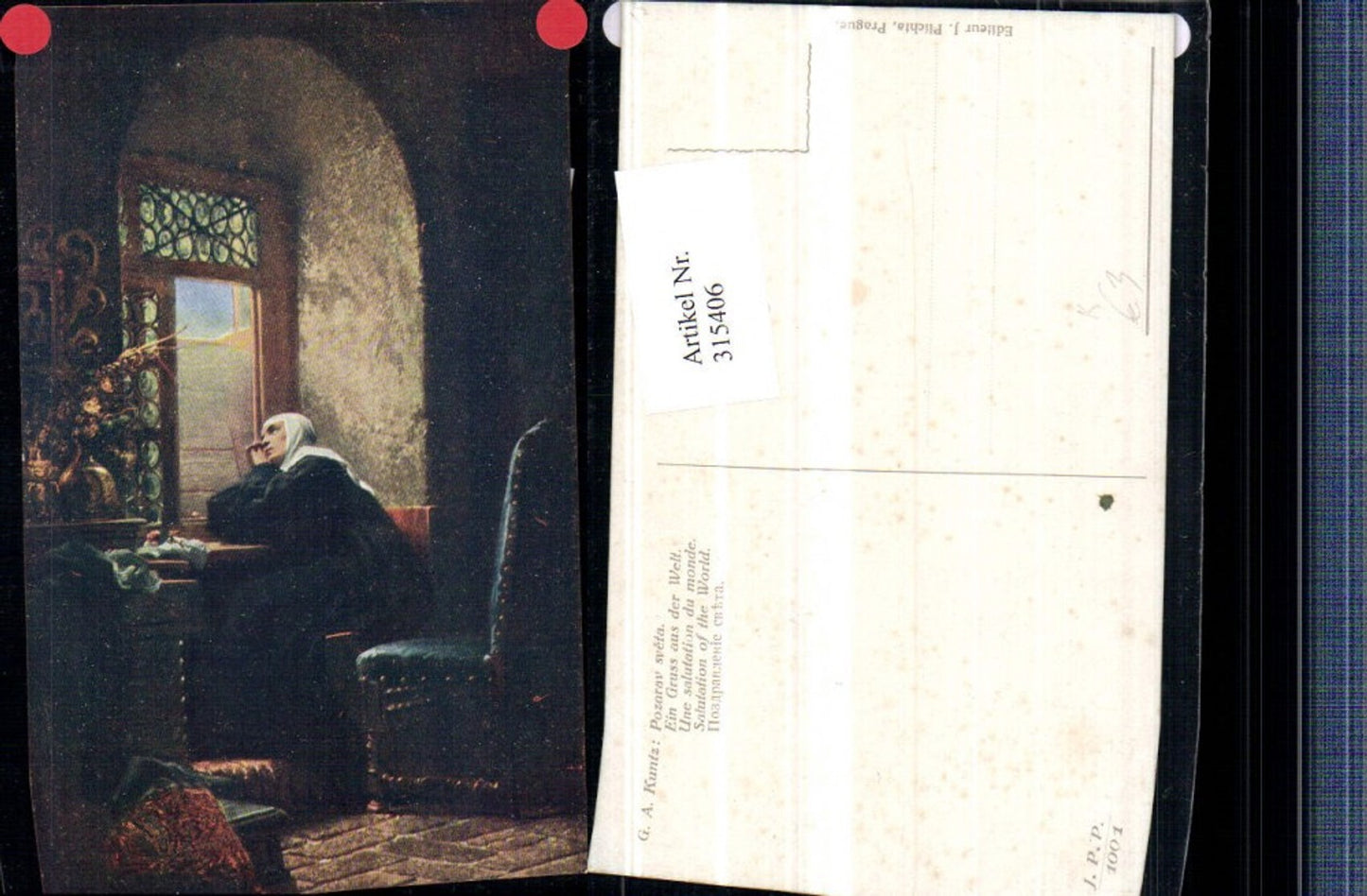 315406,Künstler AK G. A. Kuntz Ein Gruß aus der Welt Frau Nonne nachdenklich Fenster