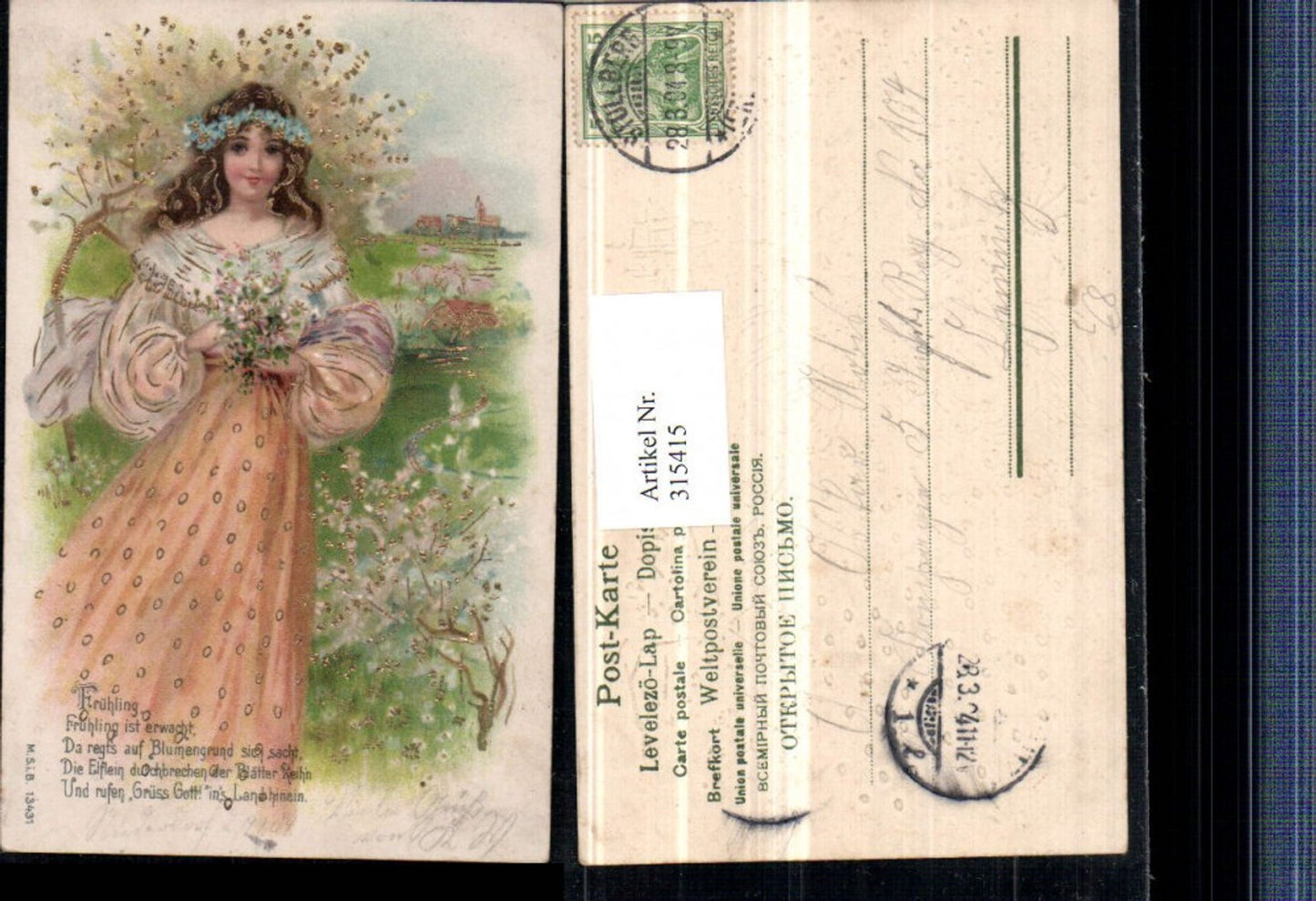 315415,Präge Künstler Litho Frühling Goldverzierung Mädchen m. Kleid Blumenkranz Blumen