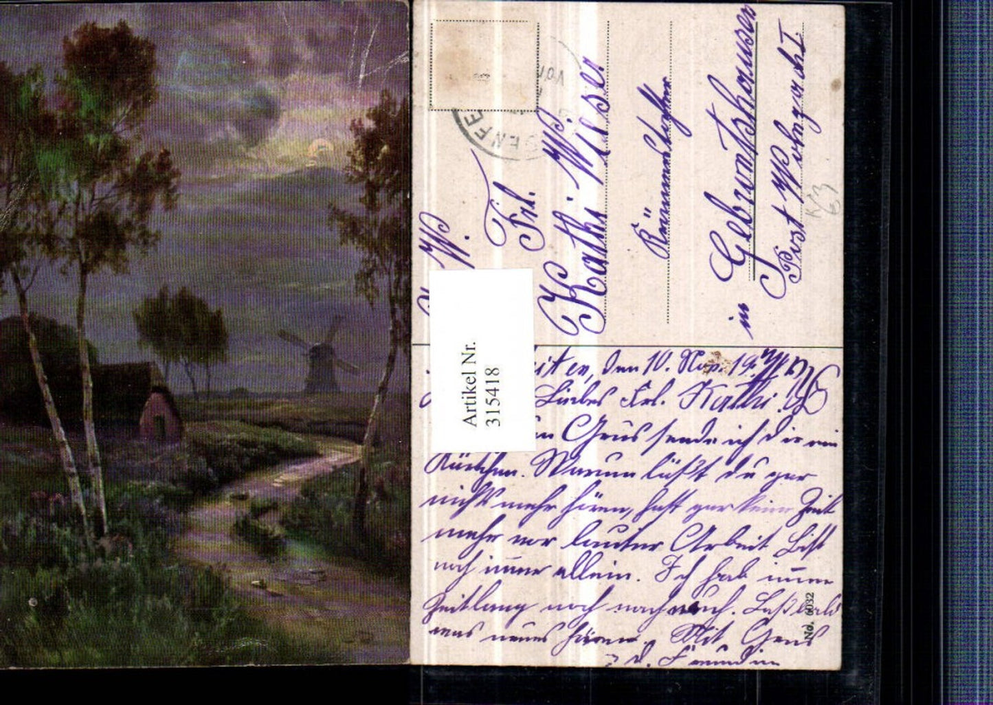 315418,Künstler AK Landschaft Mondschein Wegpartie Windmühle Birken