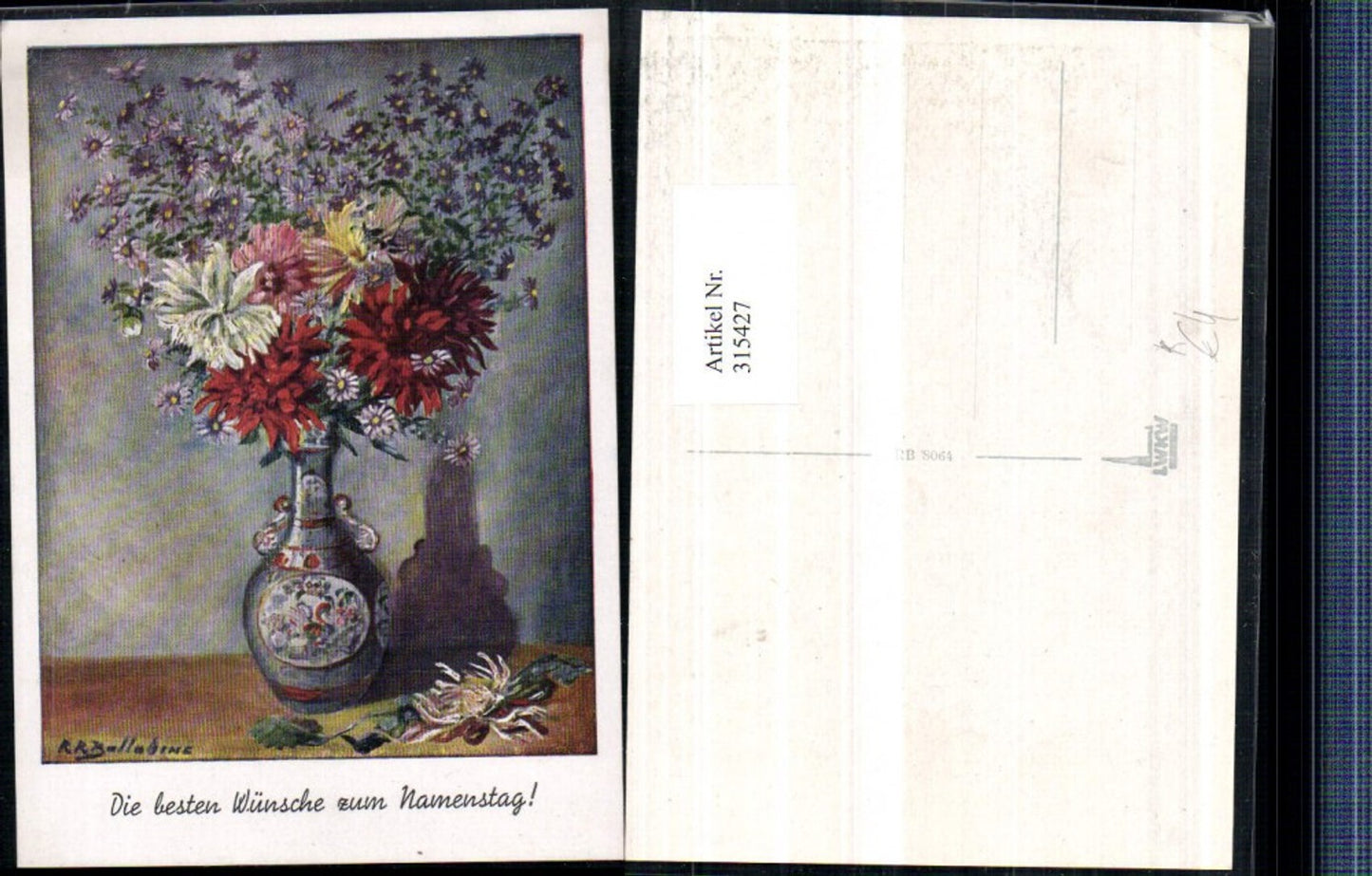 315427,Künstler AK R. R. Ballabine Namenstag Blumenstrauß Blumen Vase