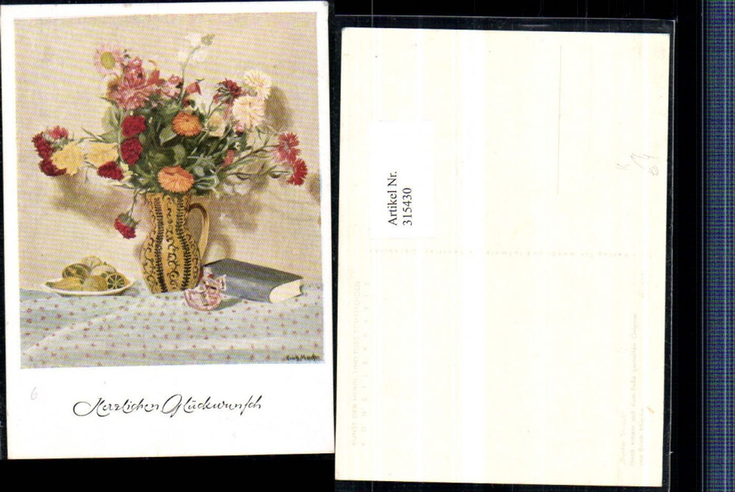 315430,Künstler AK Erich Macho Fußgemalt Bunter Strauß Blumen Vase Buch Kürbisse