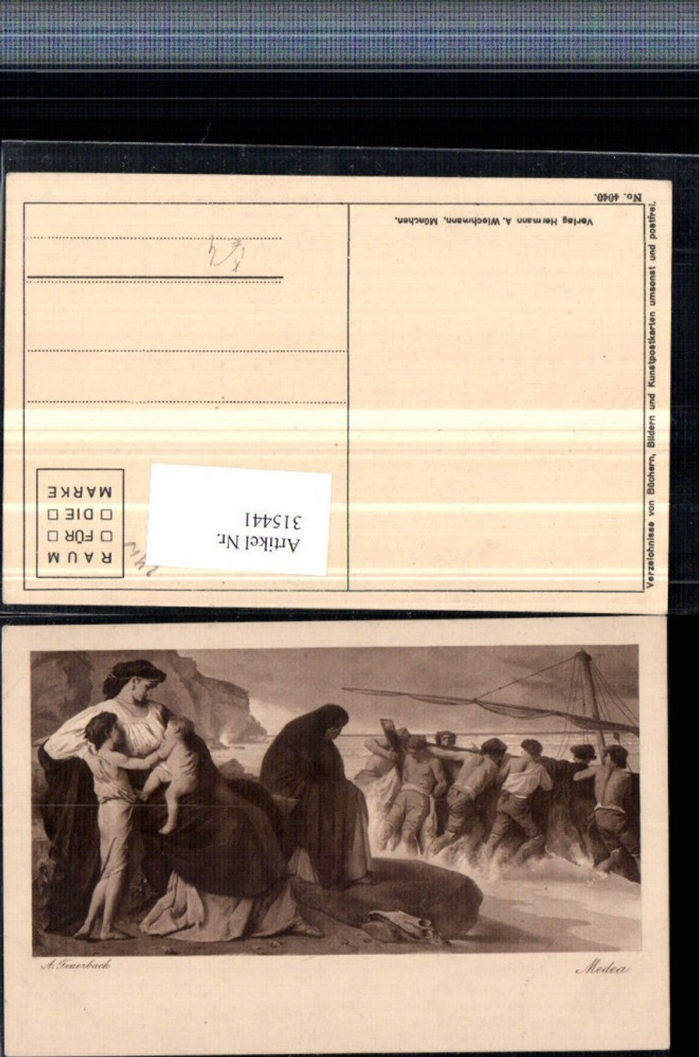 315441,Künstler AK A. Feuerbach Medea Frau Mutter m. Kinder Abschied Männer Segelschiff