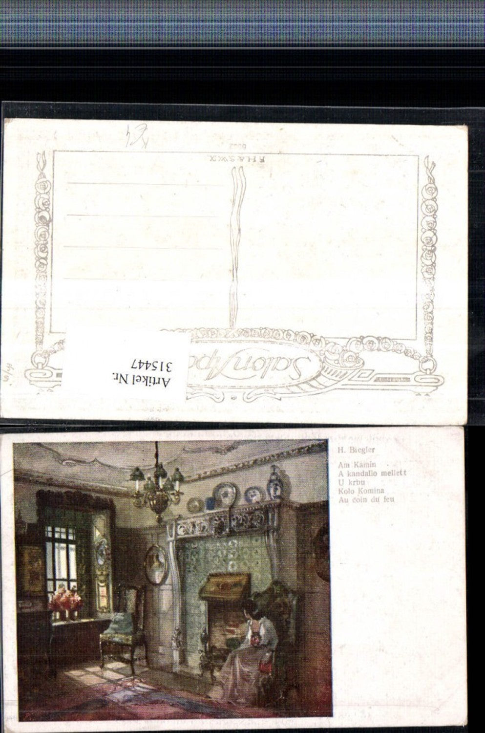 315447, Artist AK H. Biegler By the fireplace Woman Dress Chair Window