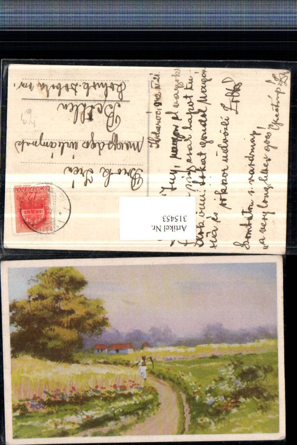 315453,Künstler AK Landschaft Wegpartie Mann m. Sense Wiese