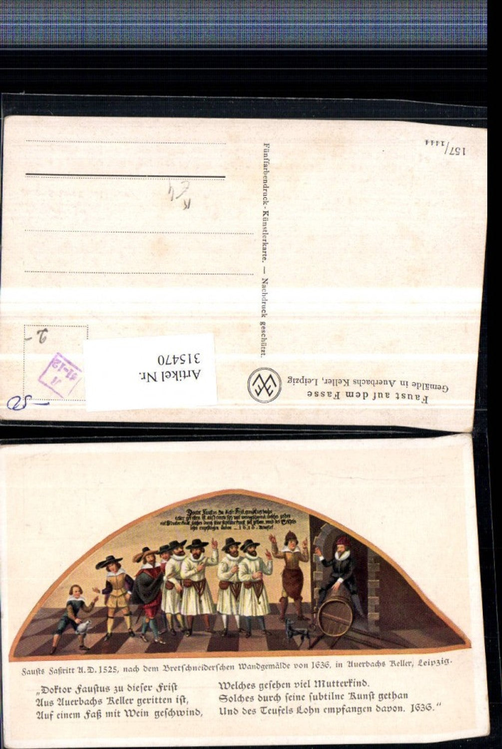 315470,Künstler AK Faust auf dem Fasse Bretschneiderschen Wandgemälde in Auerbachs Keller Text