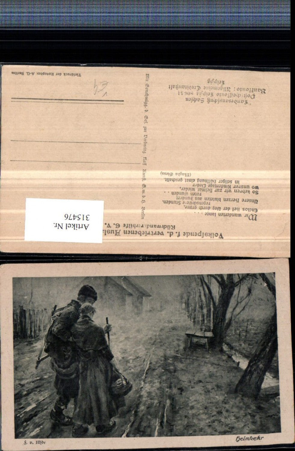 315476,Künstler AK F. v. Uhde Heimkehr Paar pub Volksspende f. d. Vertriebenen Auslandsdeutschen