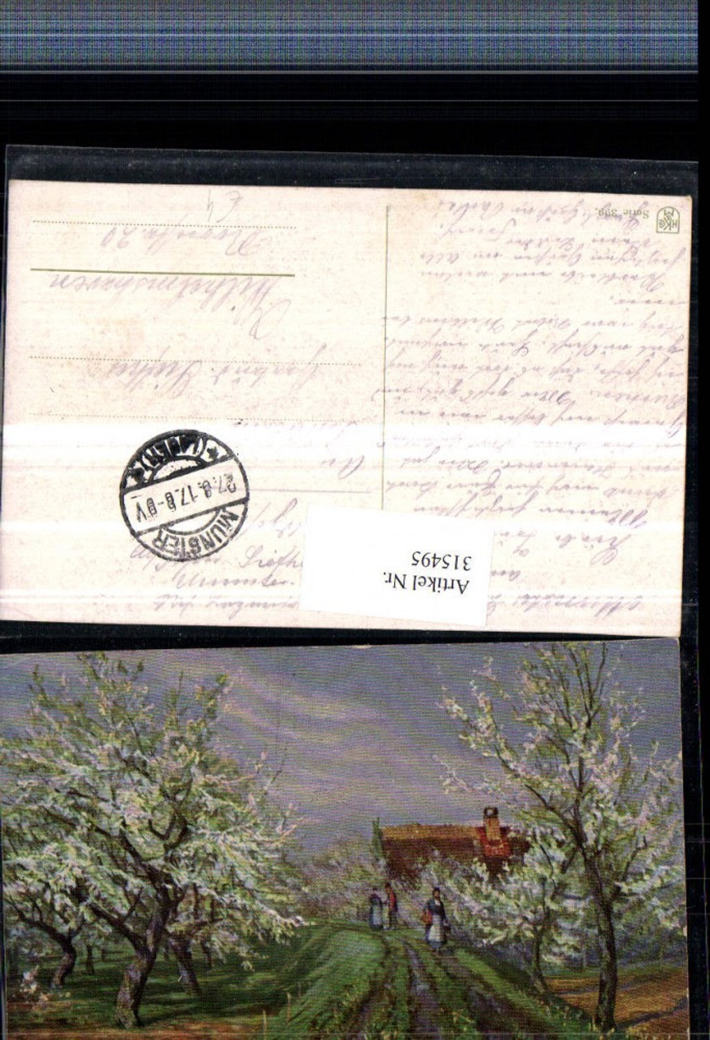 315495,Künstler AK Landschaft Baumblüte Hausdach