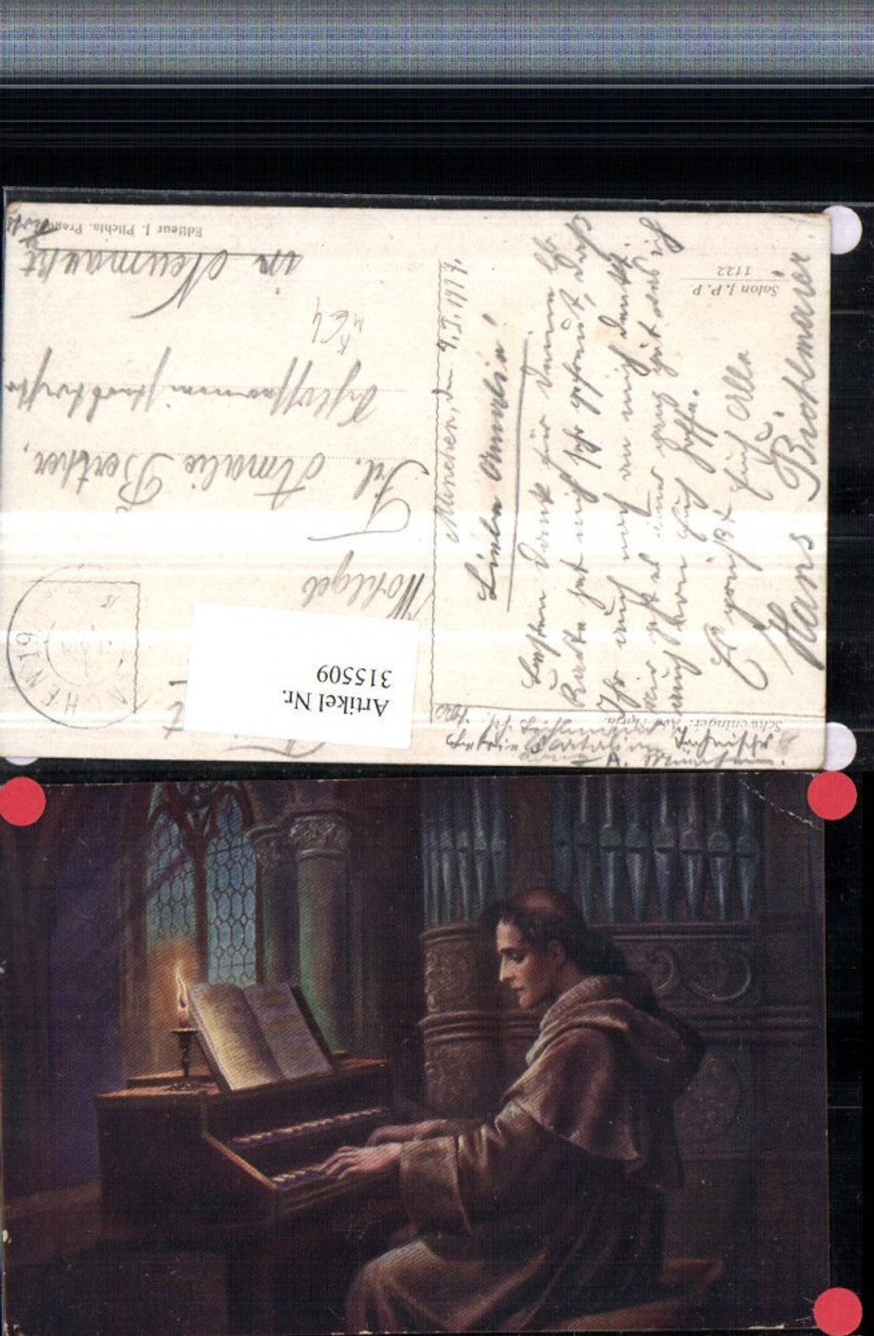 315509,Künstler AK Schweninger Ave Maria Mönch spielt Klavier Kerze