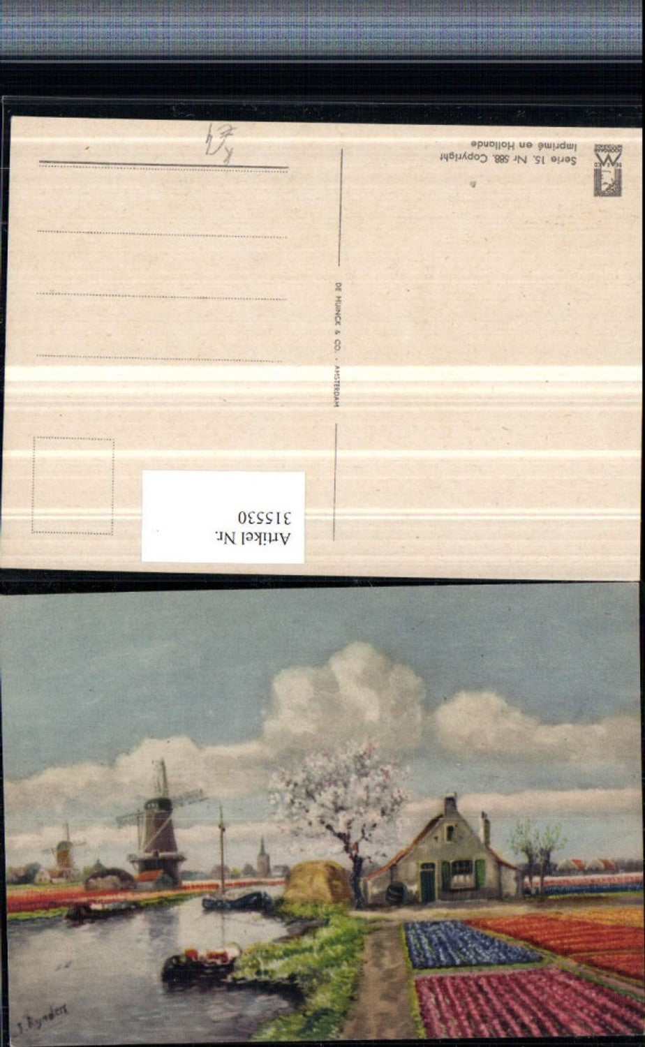 315530,Künstler AK J. Rynders Holland Tulpenfelder Windmühlen Boote
