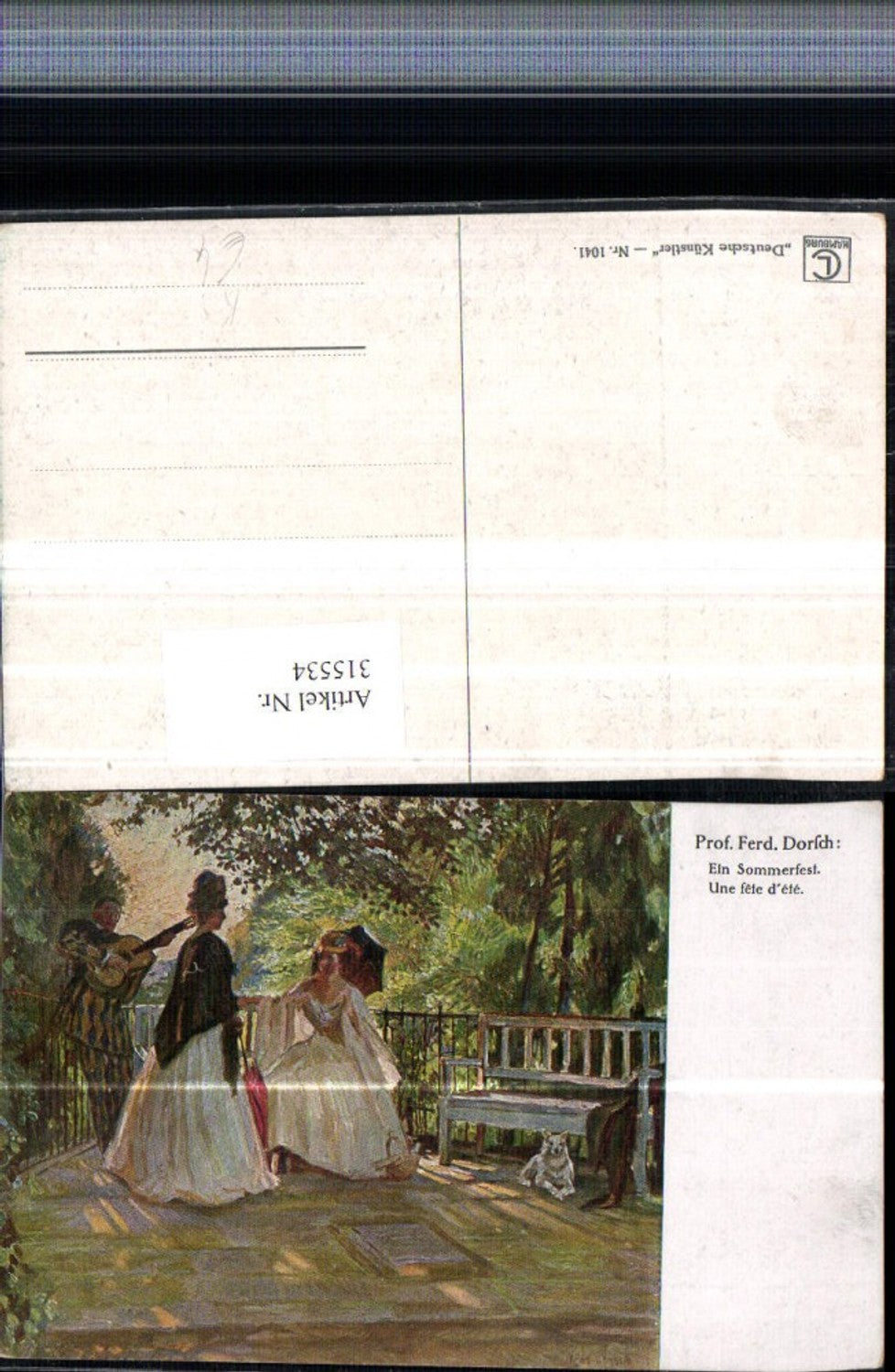 315534,Künstler AK Ferd. Dorsch Ein Sommerfest Frauen m. Kleider Schirm Mann m. Gitarre Hund