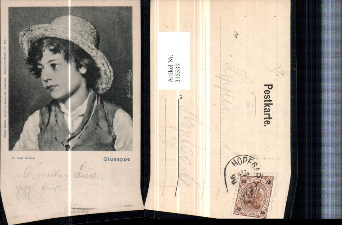 315539,Künstler AK E. Von Blaas Giusepe Junge m. Hut Portrait pub Ottmar Zieher 2021