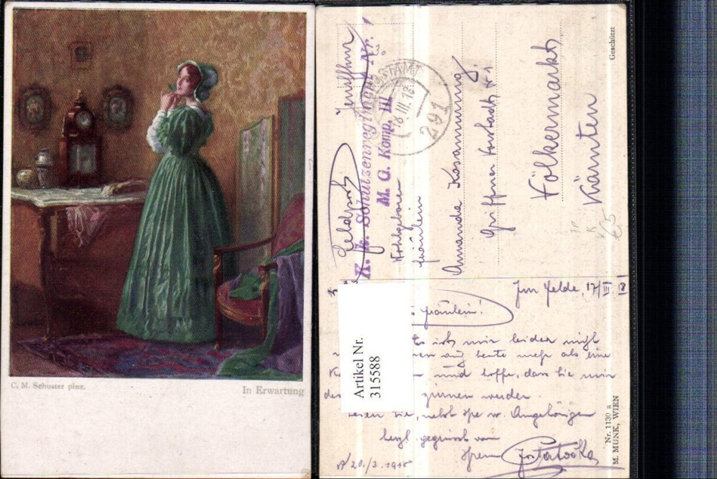 315588,M. Munk Vienne 1130a Künstler C. M. Schuster In Erwartung Frau m. Kleid Feldpost Nr. 291