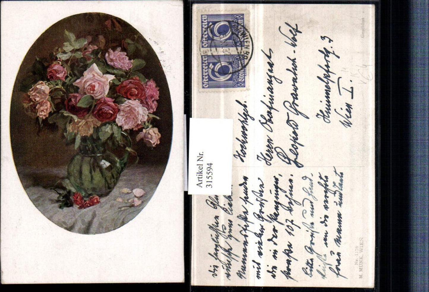 315594,M. Munk Vienne 1176 Künstlerkarte Rosenstrauß Rosen Vase