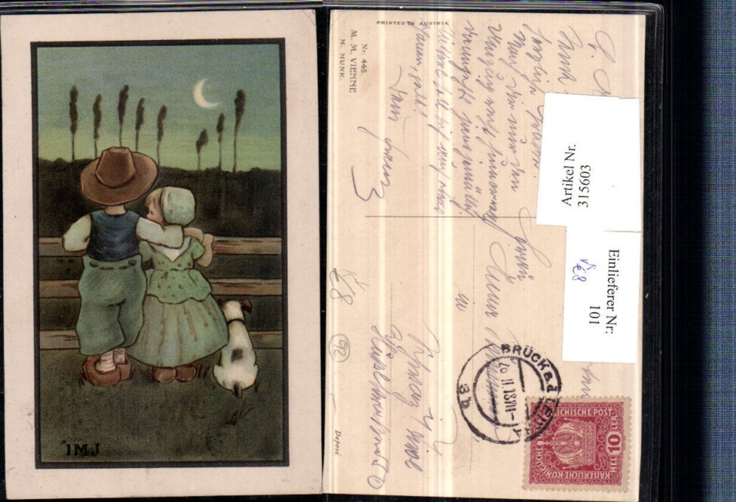 315603, M. Munk Vienna 445 Artist card Children's slippers Dog Moonlight