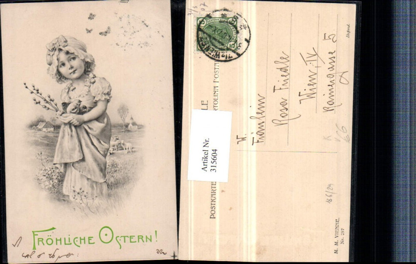 315604,M. Munk Viene 297 Künstlerkarte Ostern Mädchen m. Haube Kleid Küken Lämmer