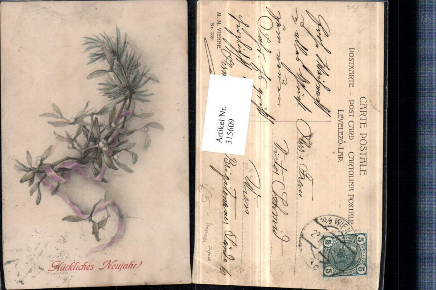 315609,M. Munk Vienne 239 Künstler L. Granner Neujahr Mistelzweig Schleife