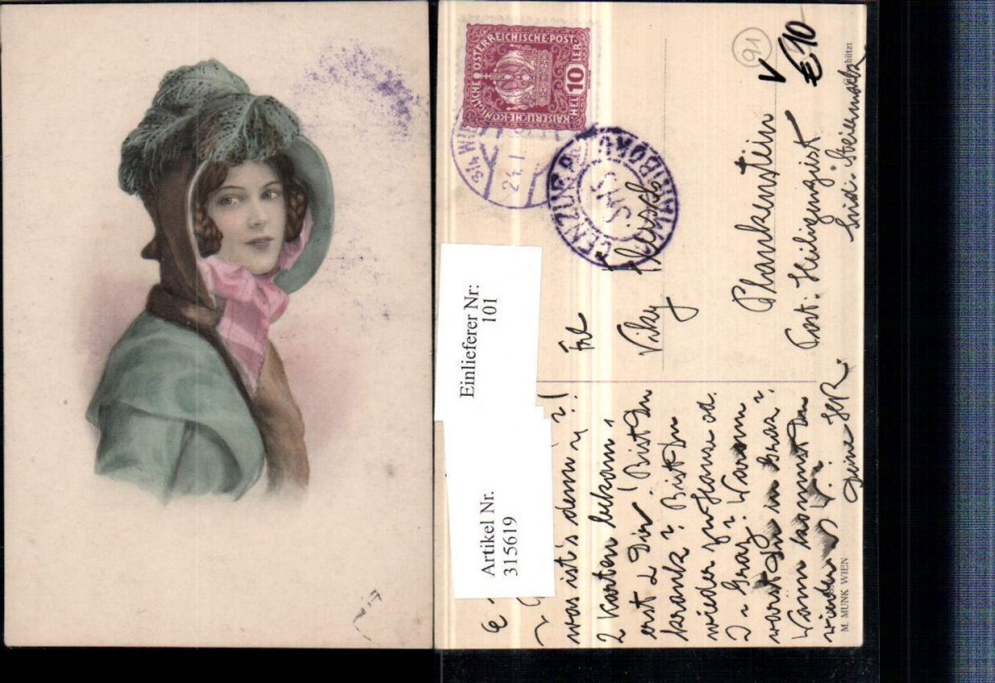 315619,M. Munk Vienne 894 Künstlerkarte Frau m. Hut Portrait