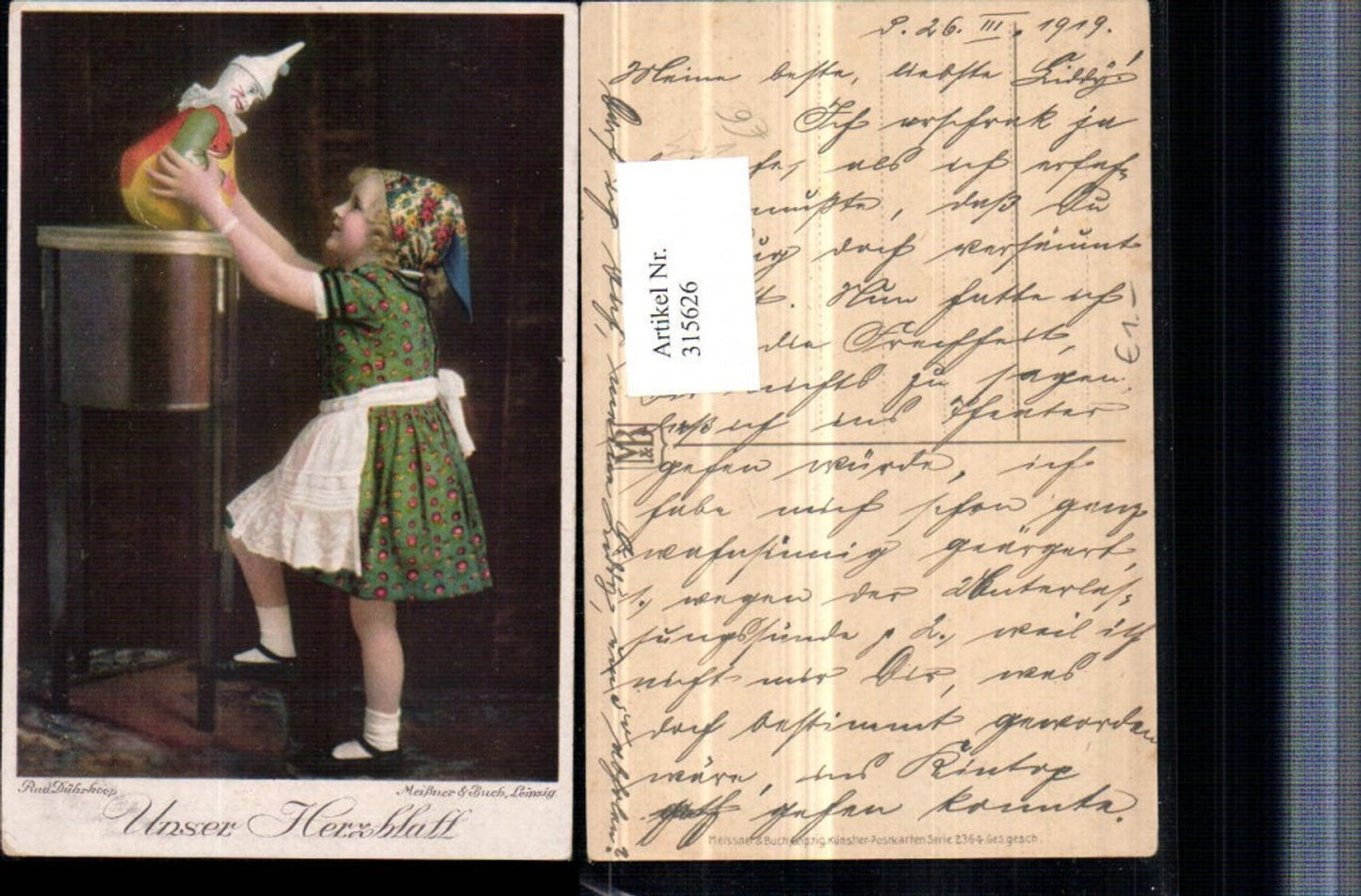 315626,Meissner & Buch 2364 Künstler Rud. Dührkoop Unser Herzblatt Mädchen Clown Spielzeug