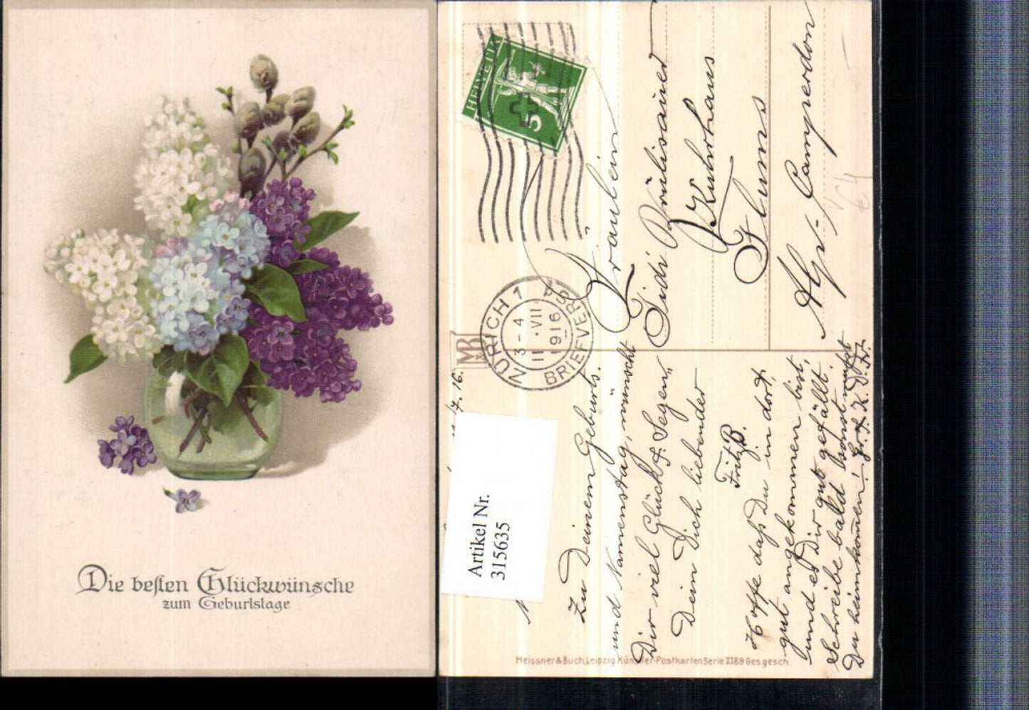 315635,Künstler AK Meissner & Buch 2189 Geburtstag Blumen Flieder Palmkätzchen Vase