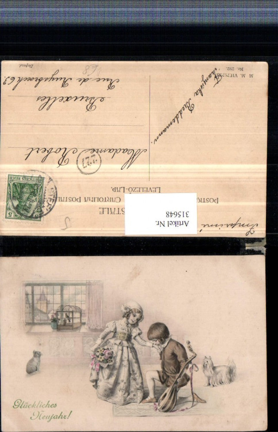 315648,M. Munk Vienne 292 Künstlerkarte Kinder Mädchen m. Kleid Mandoline Hund Katze Vogelkäfig