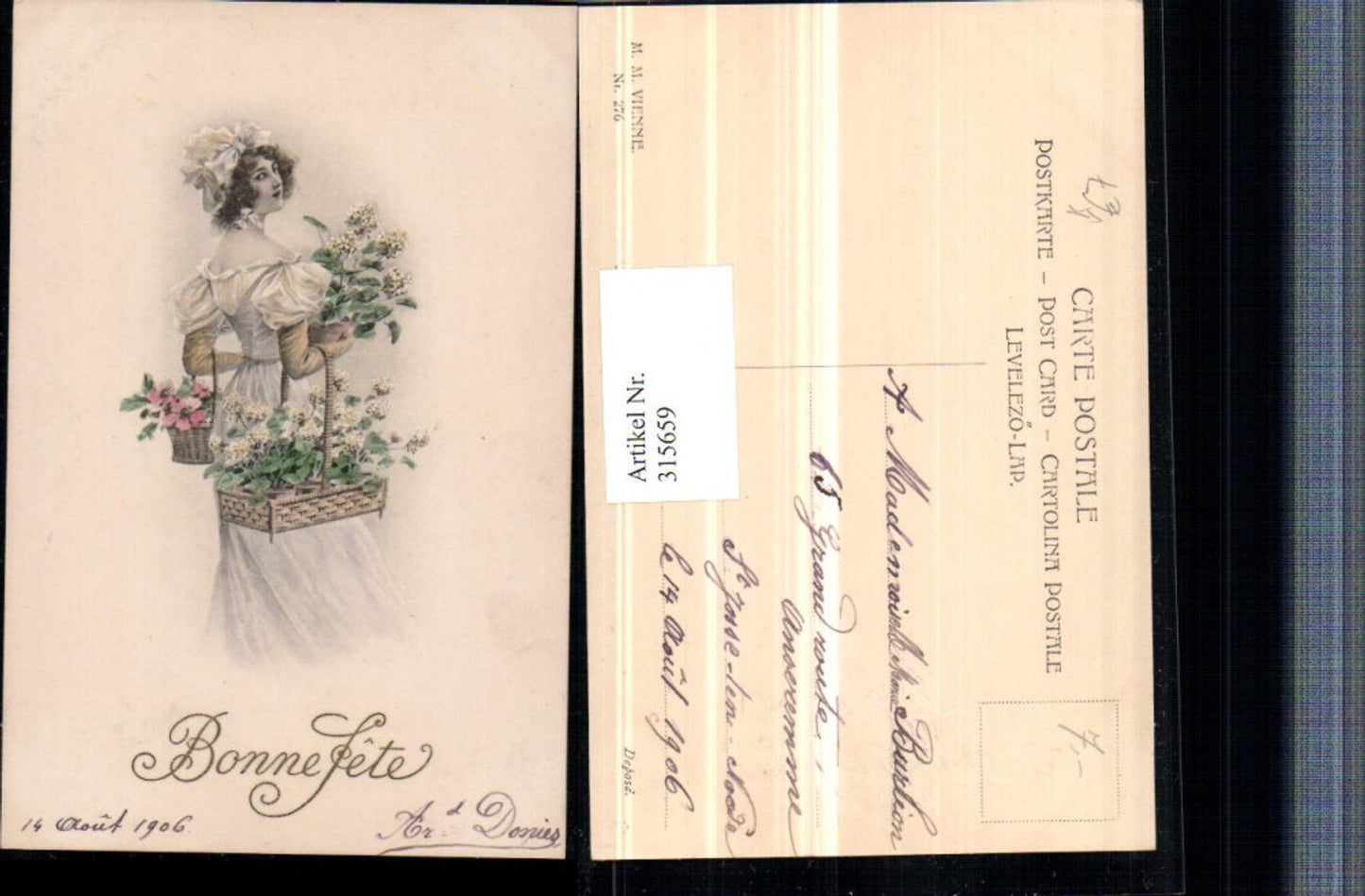 315659,M. Munk Vienne 276 Künstlerkarte Frau m. Kleid Körbe Blumen
