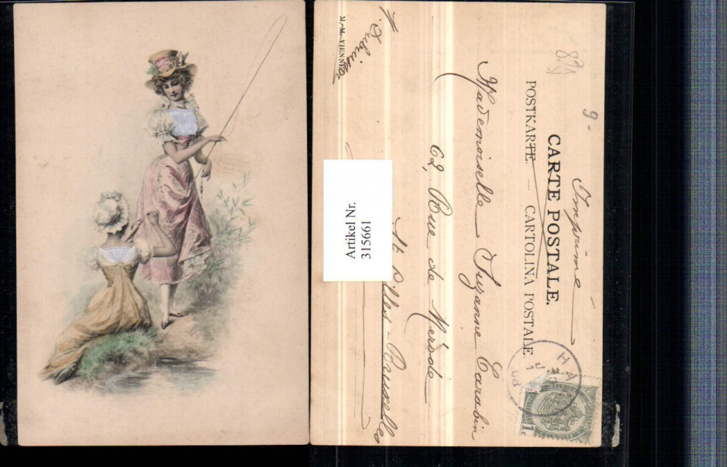 315661,M. Munk Vienne Künstlerkarte Frauen b. Fischen Kleider Hut Angel
