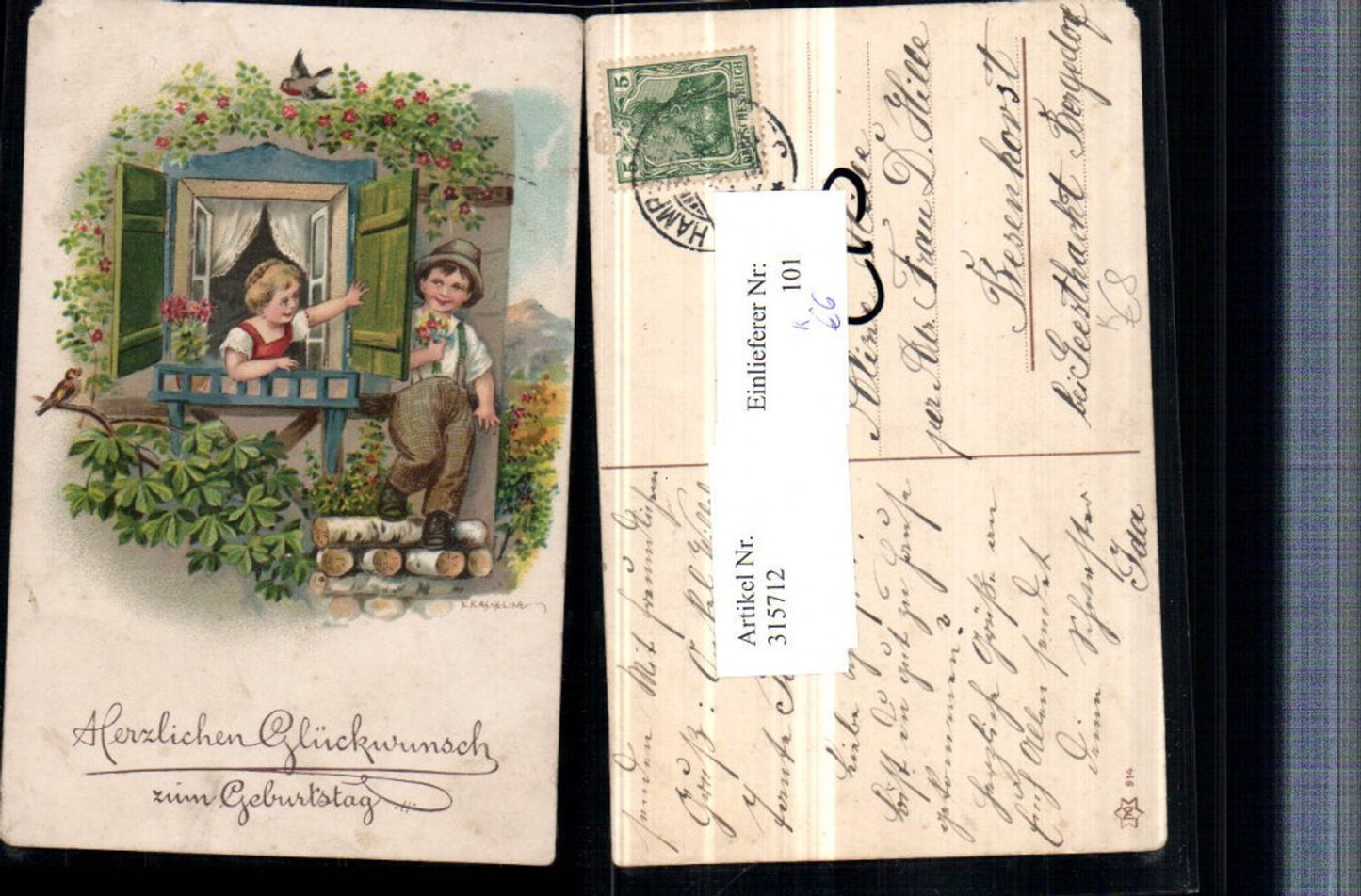 315712,Künstler Litho F. Kaskeline Kinder Fenster Mädchen Vögel pub Novolito 914