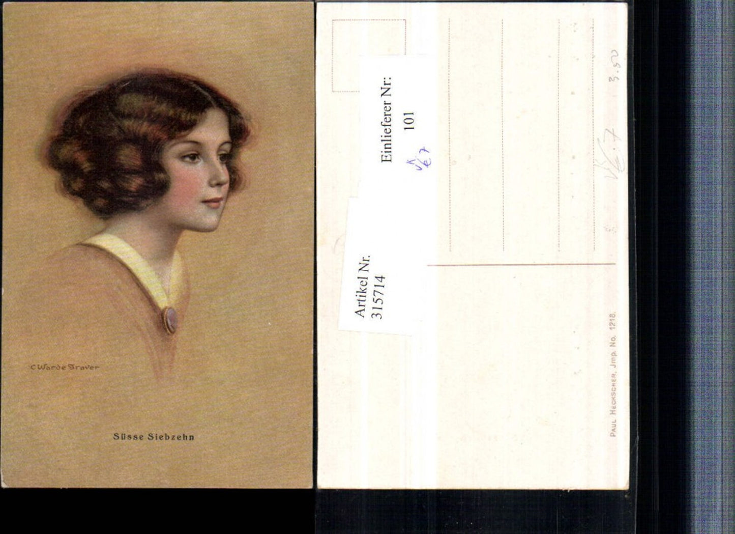 315714,Künstler AK C. Warde Traver Süße Siebzehn Kind Mädchen Portrait pub Paul Heckscher 1218