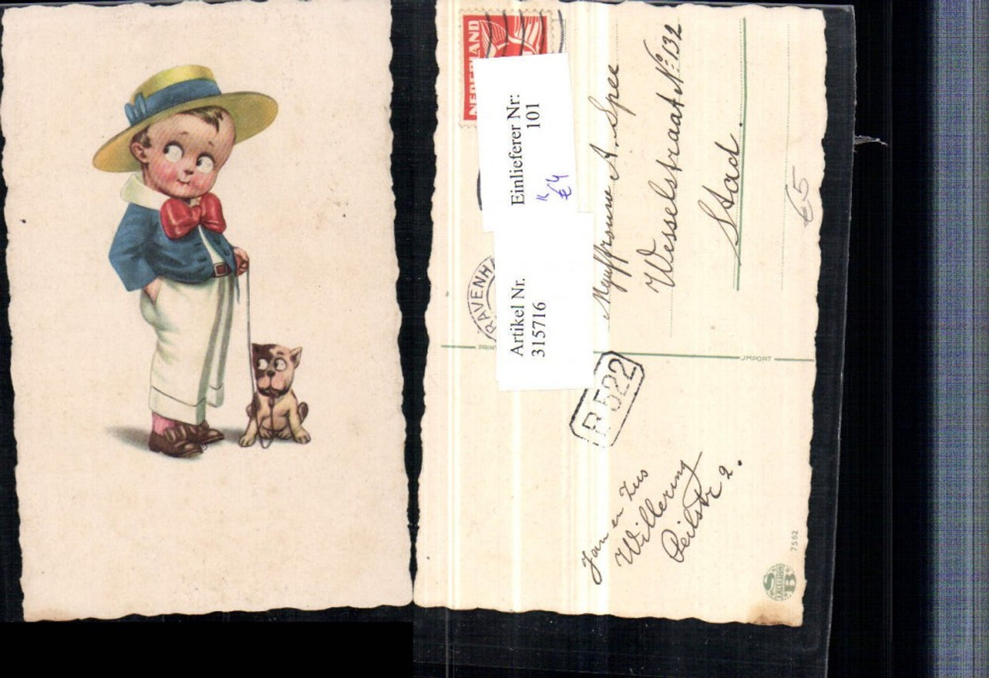315716,Künstler AK Kind Junge m. Hut Hund an d. Leine