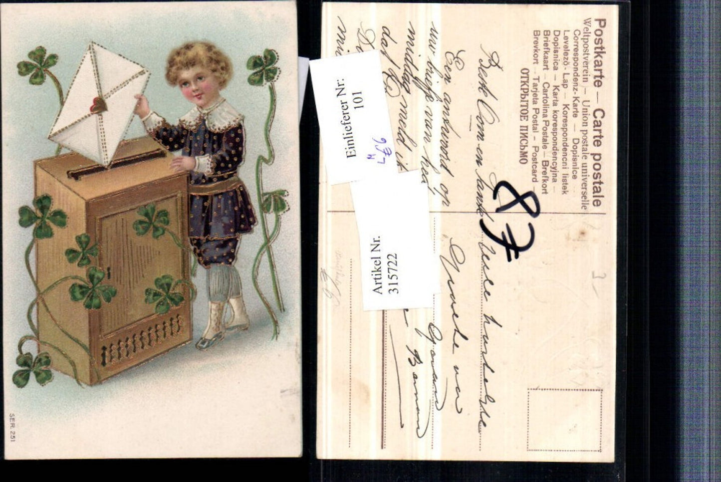 315722,Präge Litho Goldverzierung Kind Postkasten Briefkasten Brief Postwesen Klee